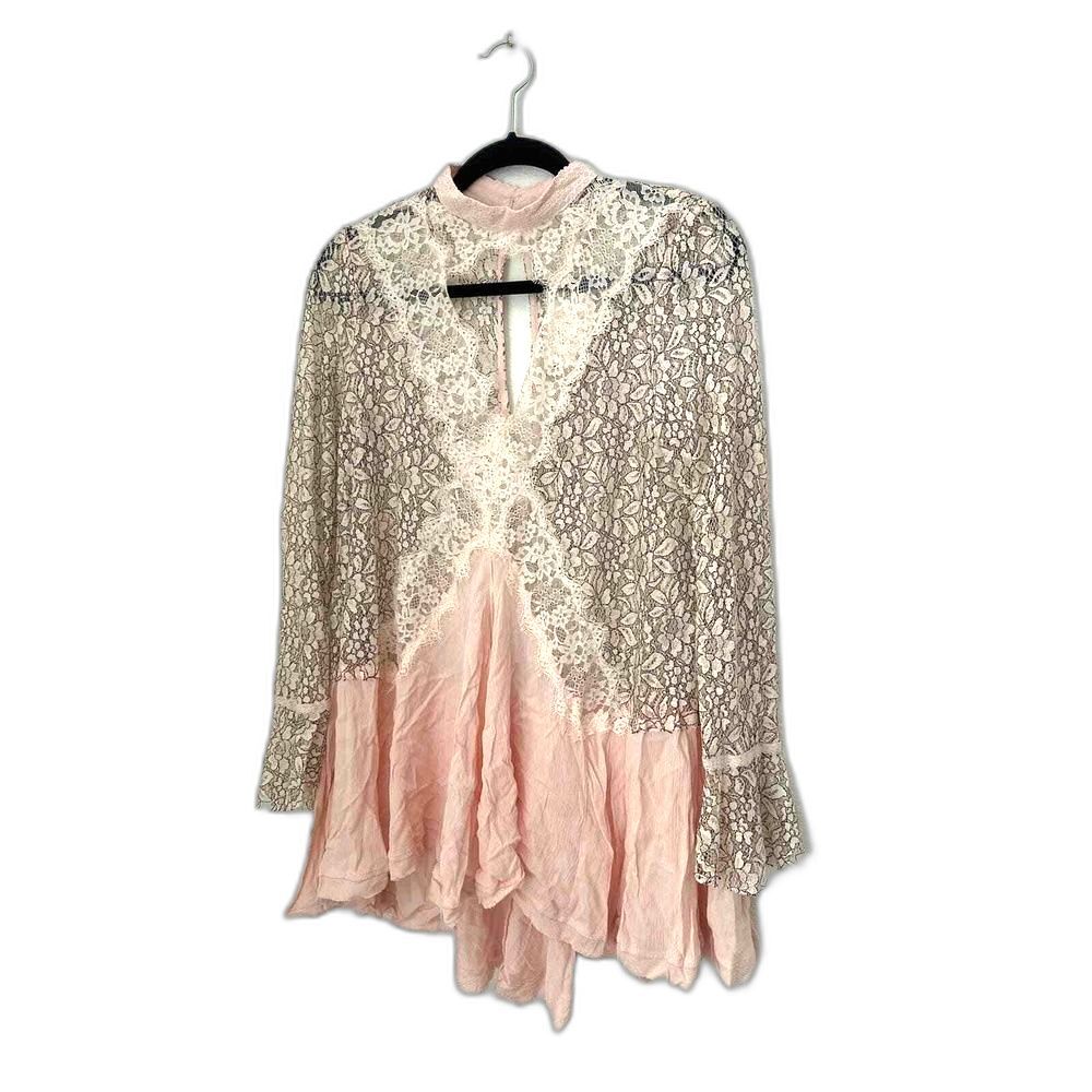 Free People Tunic Dress S Lace Cutout Preppy Romantic Festival Boho Chic Pink - Picture 3 of 7